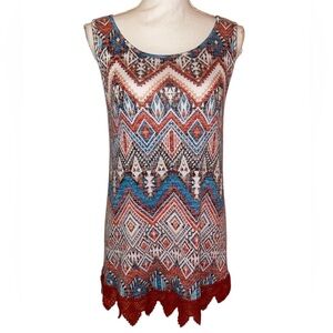 JUST BE Boho Hippie Tank Blouse in Red Turquoise White Size Medium